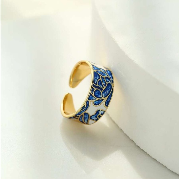 18k Gold Cloisonné Floral Cuff Ring - Picture 4 of 7